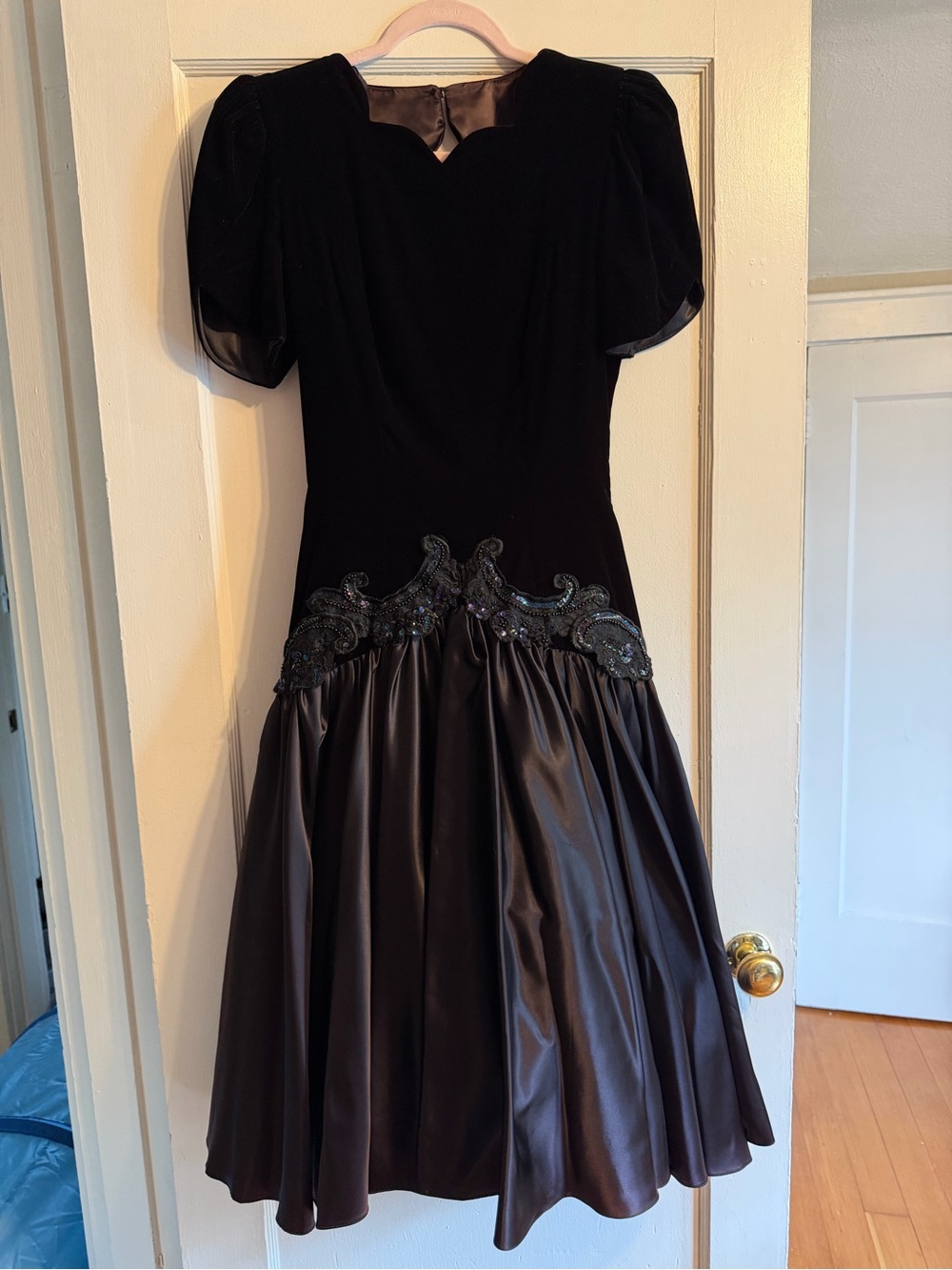 Goth Prom Black Velvet & Satin Dress with Beaded Waist Cutout Back